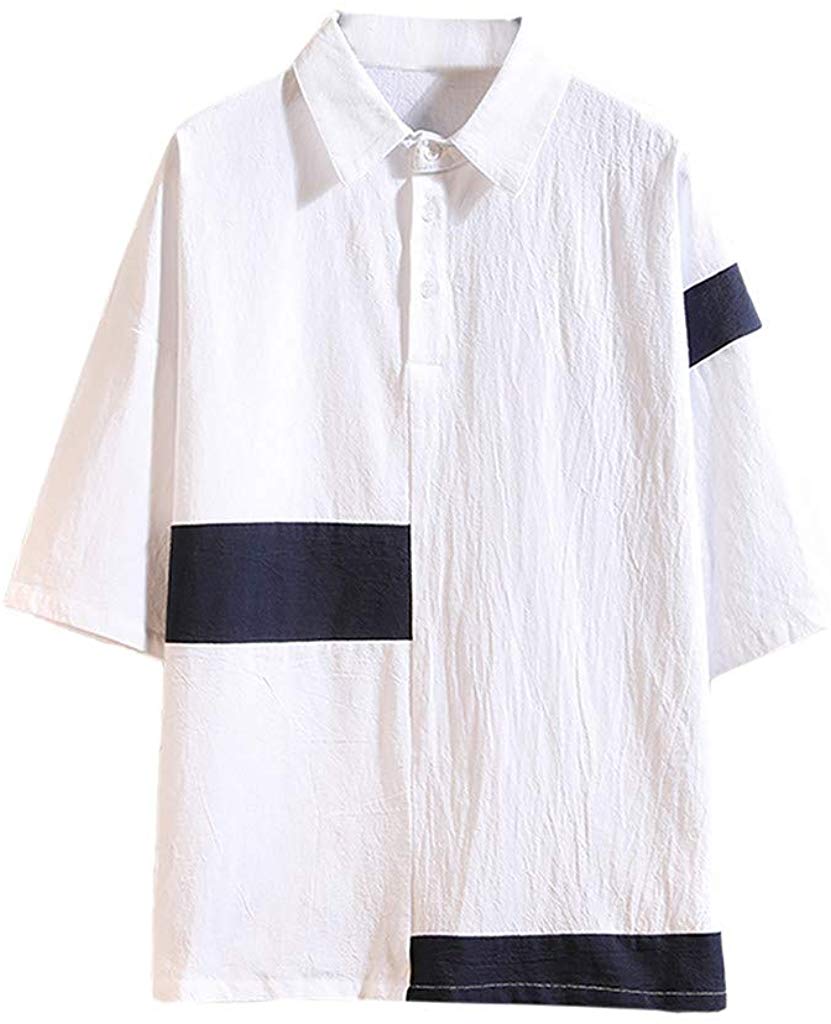 Men's Summer Fashion Cotton Linen Patchwork Short Sleeve Tops White T-Shirts