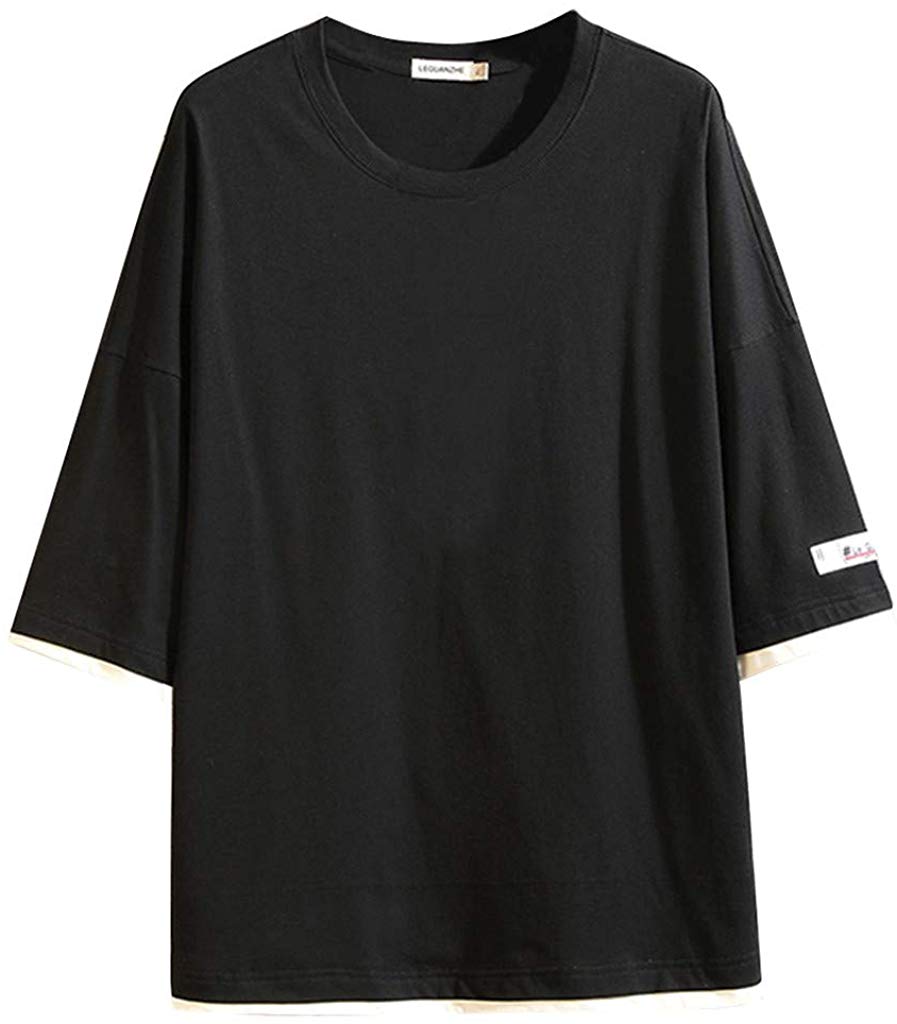 Men's Summer Fashion Fake Two Five-Cent Sleeves Big Code Top Black T-Shirts