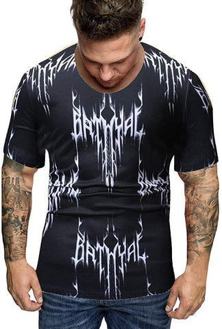 Men's Summer New Personality Printing Casual Fashion Round Neck Short Sleeve Tops Black T-Shirts