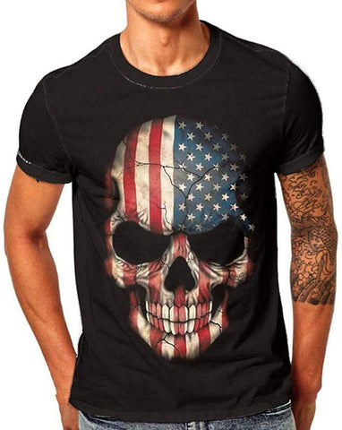 Mens 3D Skull Print Summer Short Sleeve with American Flag Printed for 4th of July Black T-Shirts