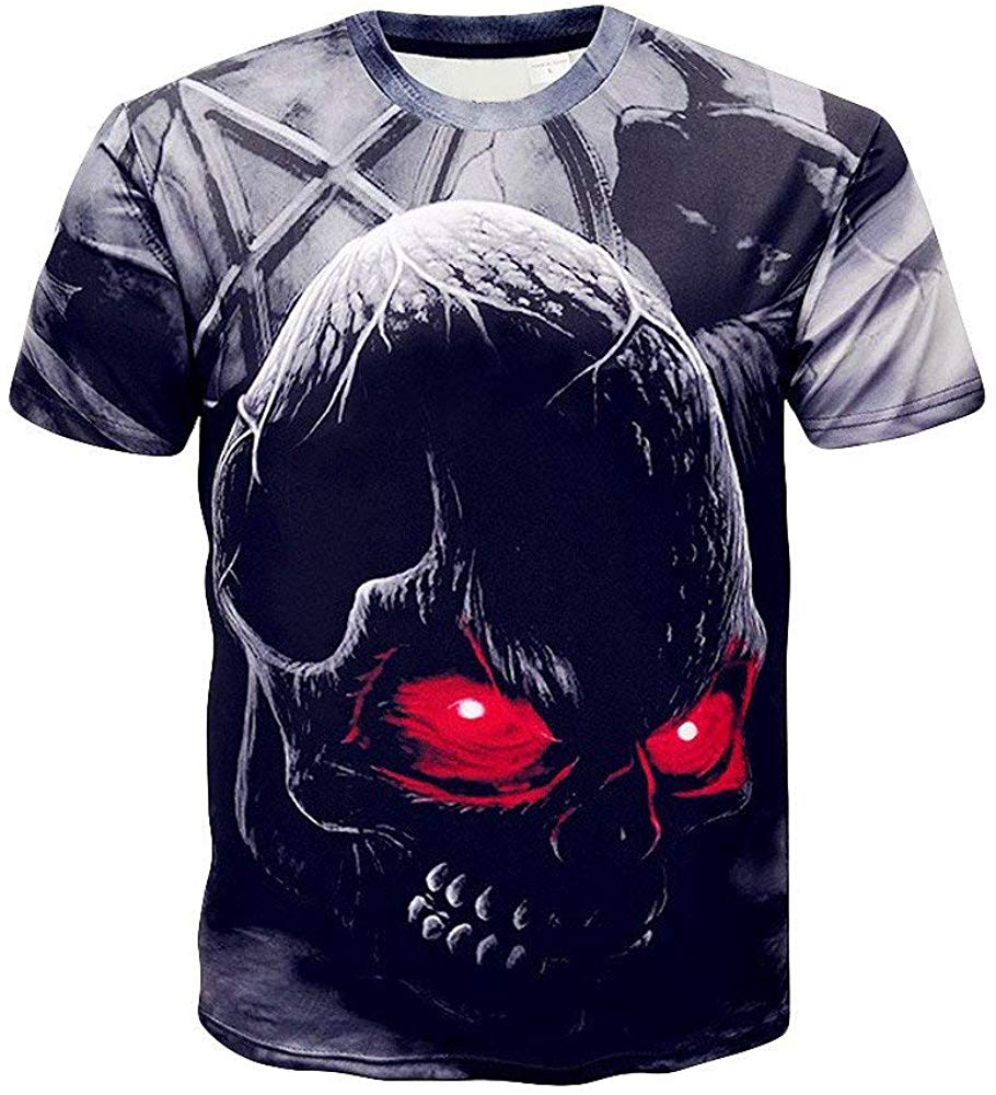 Mens 3D Skull Printed Graphic Summer Round Neck Cool Short Sleeve Top Black T-Shirts