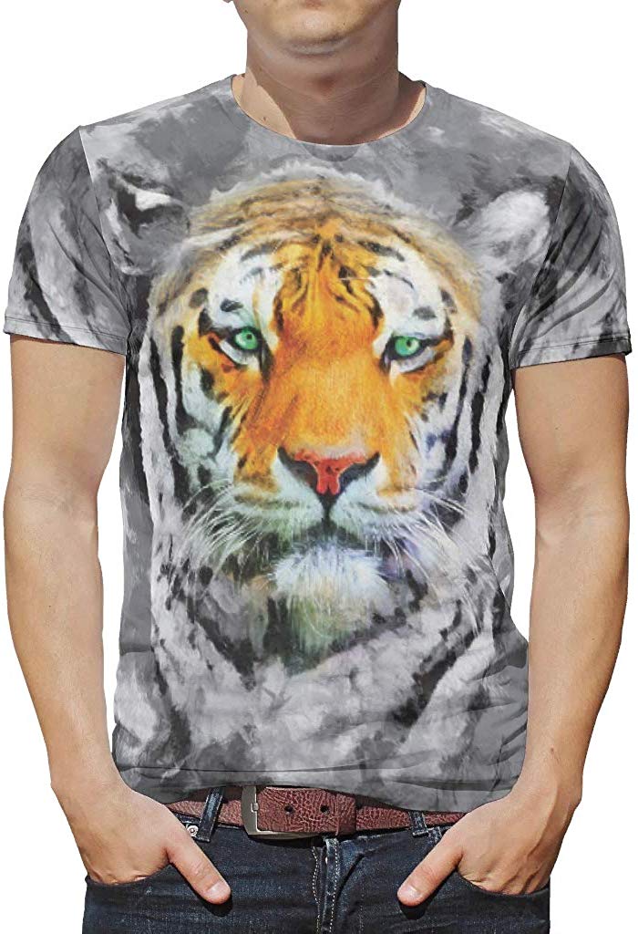 Mens Animal Lion Tiger Series Crewneck Training Graphic Lightweight Top White T-Shirts