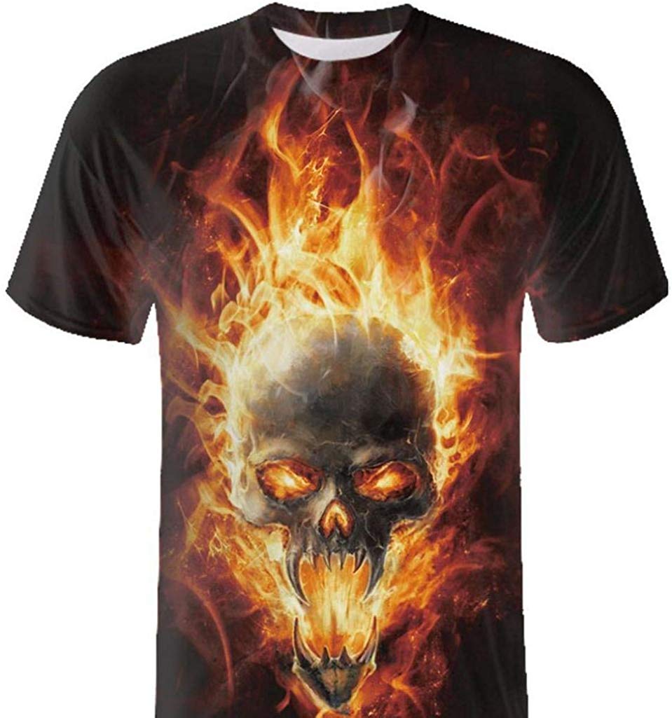 Mens Cool Fire Skull 3D Printed Summer Short Sleeve Orange T-Shirts