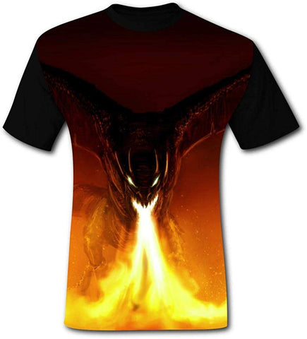 Mens Creative Fire Dragon Casual Print Comfortable Adult Short Sleeve Funny Creative Black T-Shirts