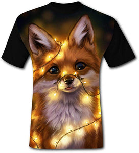 Mens Creative Fox with Light Art Summer Casual Short Sleeve Creative 3D Printed Hipster Design Black T-Shirts