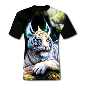 Mens Fantasy Elf Tiger Summer Casual Short Sleeve Creative 3D Printed Hipster Design Black T-Shirts