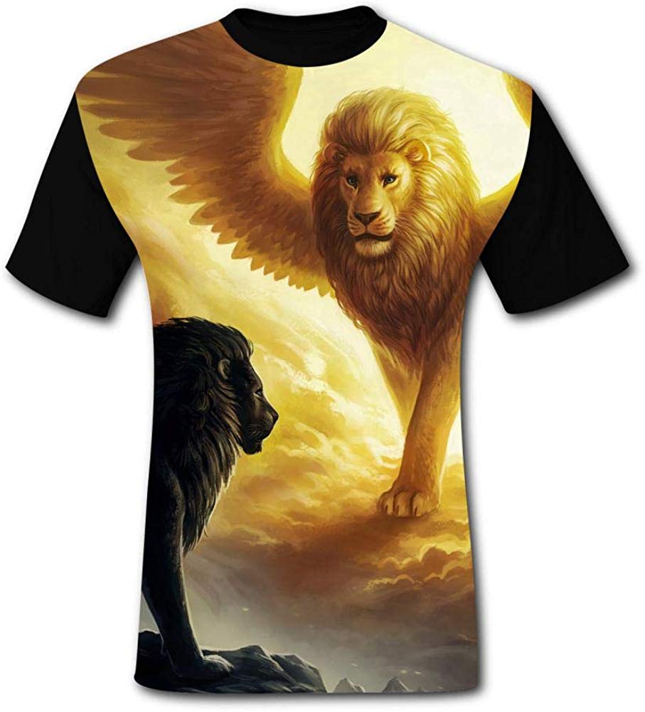 Mens Fantasy Evil and Angel Lion Casual Print Comfortable Adult Short Sleeve Funny Creative Black T-Shirts