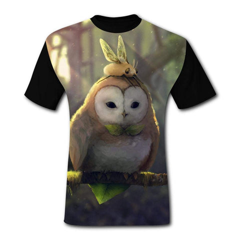 Mens Fantasy Forest Owl Casual Print Comfortable Adult Short Sleeve Funny Creative Black T-Shirts