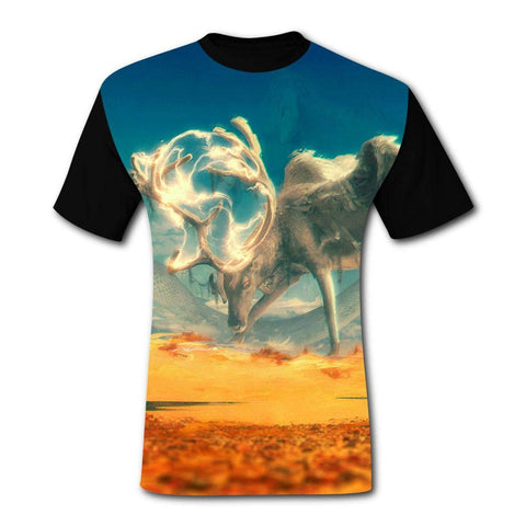 Mens Fantasy Gigantic Deer Casual Print Comfortable Adult Short Sleeve Funny Creative Black T-Shirts