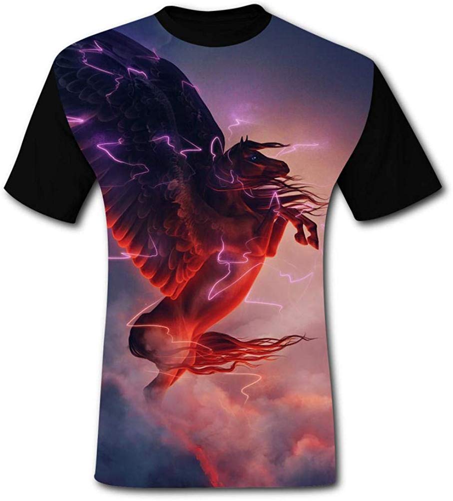 Mens Fantasy Lightning Flying Horse Fantasy Casual Print Comfortable Adult Short Sleeve Funny Creative Black T-Shirts