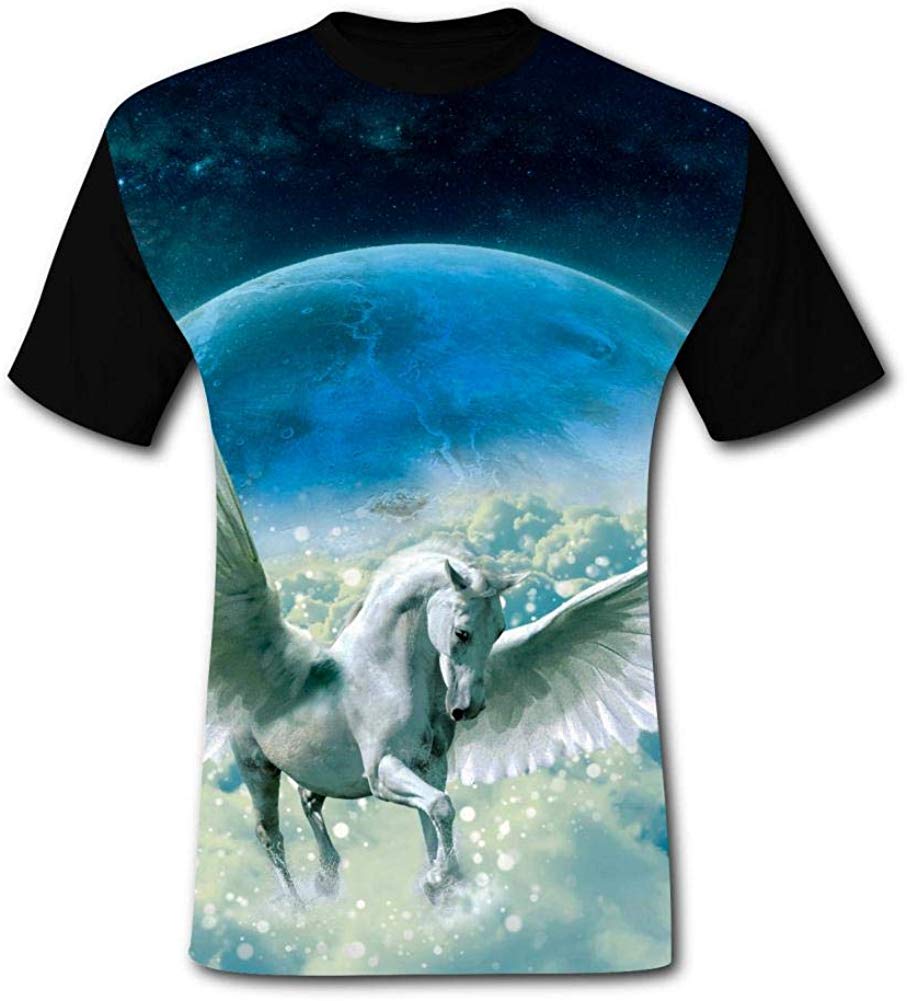 Mens Fantasy Pegasus Clouds Planet Casual Print Comfortable Adult Short Sleeve Funny Creative Black T-Shirts