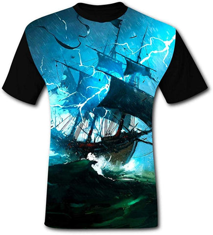 Mens Fantasy Sailing Ocean Storm Lightning Casual Print Comfortable Adult Short Sleeve Funny Creative Black T-Shirts