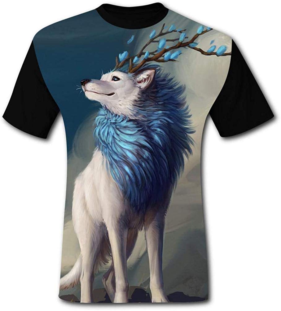 Mens Fantasy Wolf Smiling Casual Print Comfortable Adult Short Sleeve Funny Creative Black T-Shirts