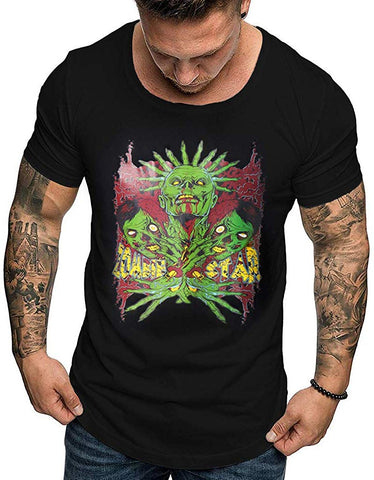 Mens Fashion -GREFER Men's Terror Print O-Neck Short Sleeve Tops Easter Black T-Shirts