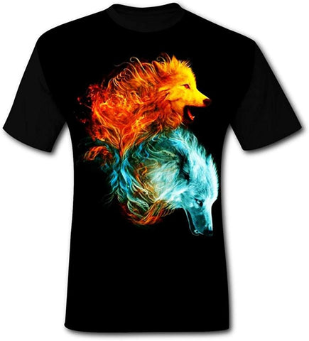 Mens Fire and Water Wolf Brothers Summer Casual Short Sleeve Creative 3D Printed Graphic Hipster Design Black T-Shirts