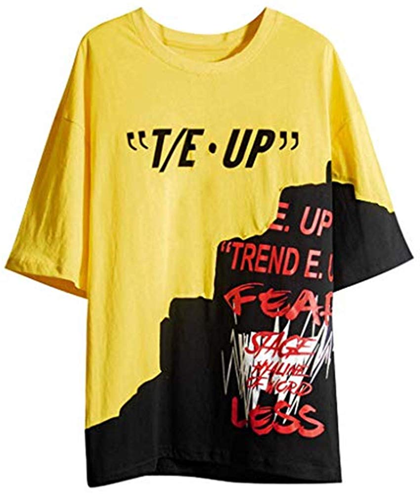 Mens Hipster Hip-Hop Graphic Short Sleeves Urban Summer Streetwear Casual Letter Print Top Yellow T-Shirts