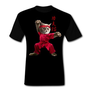 Mens Kung Fu Cat Summer Casual Short Sleeve Creative 3D Printed Graphic Hipster Design Black T-Shirts