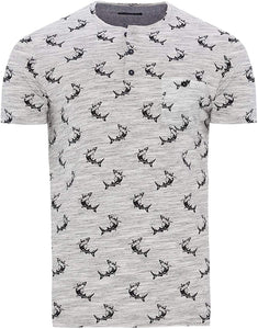 Mens Mako All Over Shark Print Crew Neck Short Sleeve Grey T-Shirts