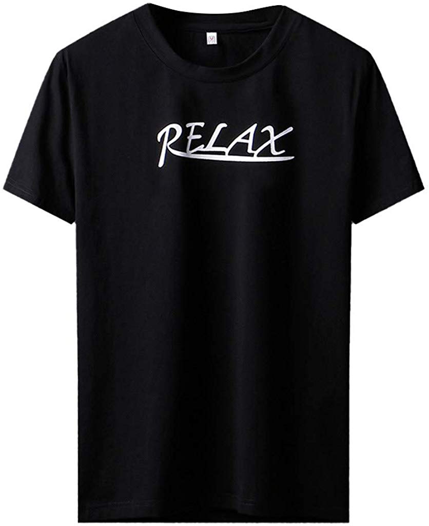 Mens Summer,Fineser Mens Casual Euro-American Style Print Short Sleeve Letter Relax Print Cotton Tops Black T-Shirts