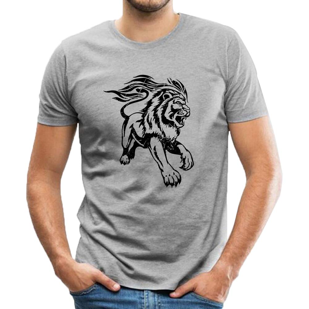 for Men Cotton Animal Ferociou ion Pattern Print Crew Neck Tops Grey T-Shirts